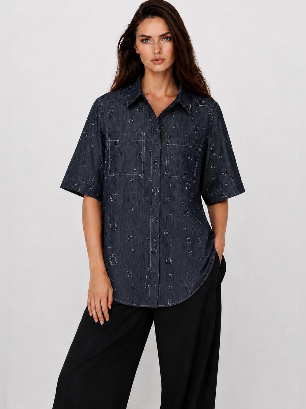 Kate Hewko Distressed Short Sleeve Button Front Shirt Oversized Size Large
